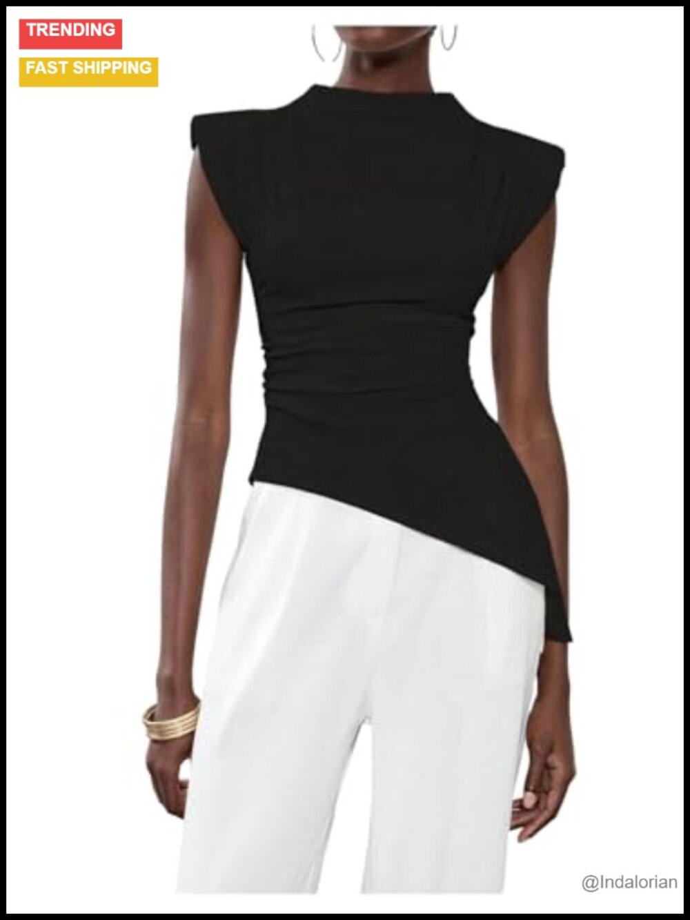 Women's Asymmetrical Ruched Top with Shoulder Pad Mock Neck